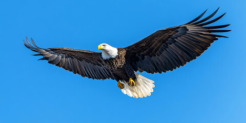 Obraz premium Majestic Bald Eagle Soaring Through a Clear Sky Background for Patriotic Symbolism, Freedom, or Skybound Majesty