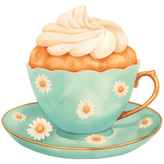 A colorful teacup filled with a fluffy cupcake topped with swirls of icing, adorned with small daisies.