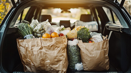 Bags of groceries in the trunk of a car with oranges and vegetables ready to be taken home