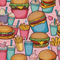 Fast food illustration, Kawaii food design  Junk food wallpaper Playful burger and fries art