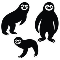 Cute Minimalist Sloth Silhouette Black Vector Collection Set