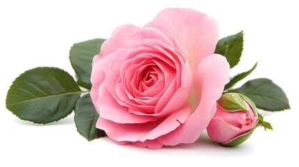 Elegant Pink Rose and Green Leaves Isolated on White Background for Floral Design