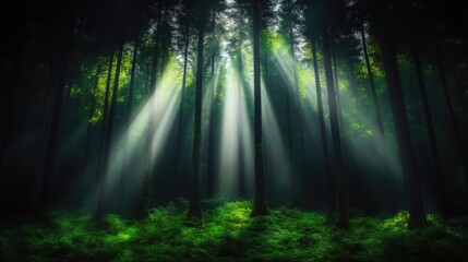 Fototapeta premium Sunlight streams through a dense forest. Sunlight beams piercing a dark forest canopy. Lush greenery and towering trees. Misty atmosphere