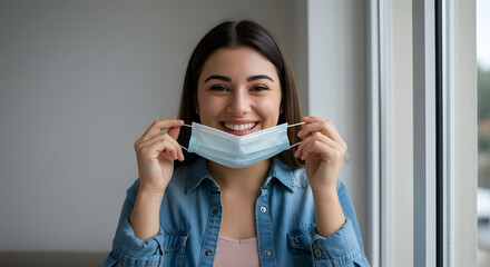 Smiling Young Woman Removing Face Mask Indoors with Hopeful Expression