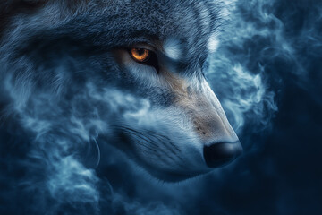 Majestic Wolf Emerging Through Blue Smoke with a Piercing Amber Gaze