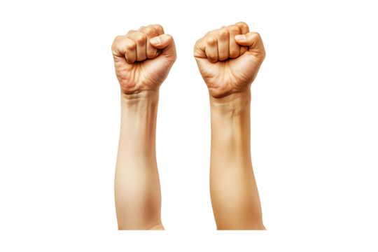 Raised fists in the air symbolizing strength isolated on white or transparent background.
