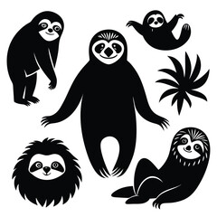 Cute Minimalist Sloth Silhouette Black Vector Collection Set