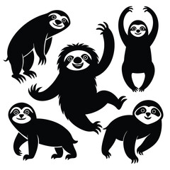 Cute Minimalist Sloth Silhouette Black Vector Collection Set