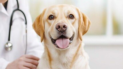 A friendly Labrador retriever is being examined by a veterinarian in a bright, clean clinic, showcasing the bond between pets and their caregivers.