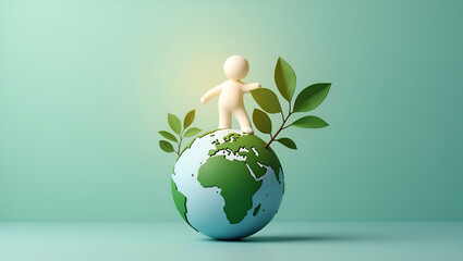 3D Flat Icon of a Person and Globe: Symbolizing Global Unity and Sustainability in Double Exposure with Copy Space on Isolated White Background