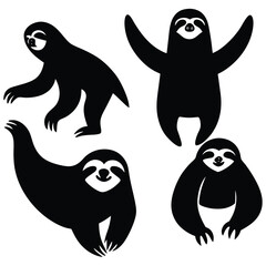 Cute Minimalist Sloth Silhouette Black Vector Collection Set