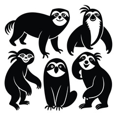 Cute Minimalist Sloth Silhouette Black Vector Collection Set
