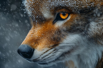 Close-Up of a Wild Fox in Snow with Intense Amber Eyes and Frosted Fur