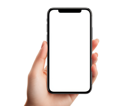 Hand holding smartphone with blank screen for design or app display on a transparent background, cut out