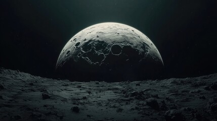 Lunar landscape with large planet in the background, depicting moon exploration and cosmic scenery concept.