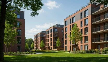 Modern apartment buildings in urban setting featuring landscaped gardens, promoting sustainable living concepts.
