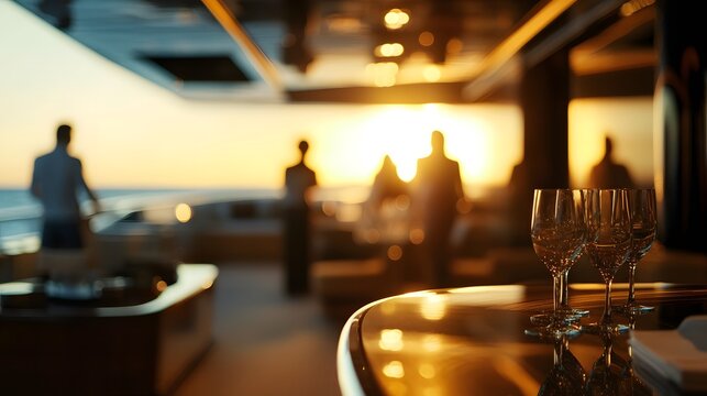 Blurred luxury yacht interior with guests in the background