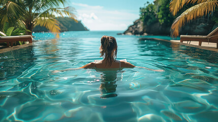person relaxing in pool surrounded by palm trees and ocean views, enjoying serene moment under sun. clear water s beautiful landscape