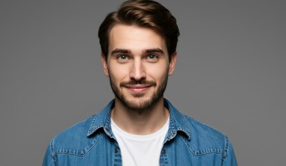 Obraz premium Caucasian man smiling wearing denim jacket and white t-shirt in studio with neutral background. Themes of confidence and modern style.