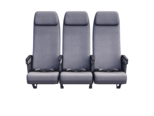 Comfortable airplane seats arranged in a row for passenger travel on a transparent background, cut out