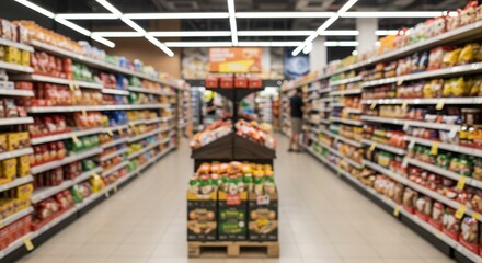 Grocery Store Aisles Brightly Lit Wide Shot. AI Generated