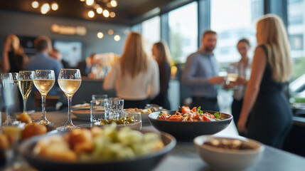 A gathering with wine glasses and food bowls on a table with blurred people in the background indoors