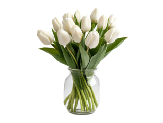 Elegant white tulips in a glass vase for home decor and gifting on a transparent background, cut out