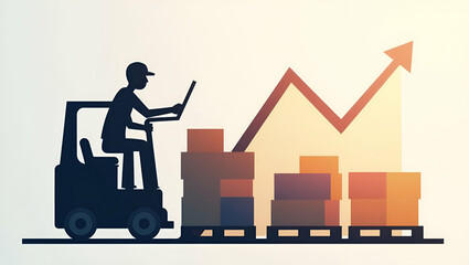 3D Flat Icon: Silhouette of a Pallet with Trend Line for Inventory Trends - Double Exposure Design with Ample Copy Space on Isolated White Background