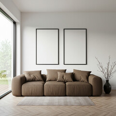 Minimalist interior mockup with blank frame. Empty frame wall poster mockup. Interior mockup with modern design. Contemporary interior scene