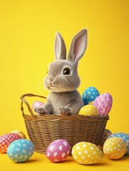 Playful Bunny In Basket With Colorful Easter Eggs On Yellow Background