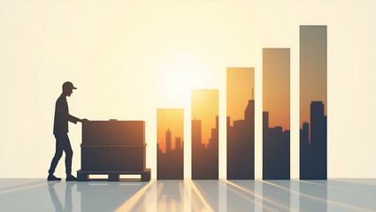 3D Flat Icon: Silhouette of a Pallet and Sales Graph - Visualizing Inventory to Sales Ratio and Turnover Efficiency with Ample Copy Space on Isolated White Background