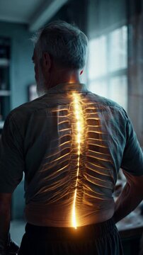 Old man and a glowing spine symbolizing chronic pain