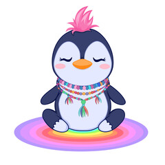 Kawaii Penguin with Pastel Pink Mohawk in Yoga Pose on Rainbow Gradient Mat for Kids Art, Vector Design