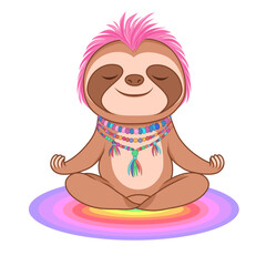 Cute Sloth with Pastel Pink Mohawk in Yoga Meditation on Rainbow Gradient Mat for Relaxation, Vector Design