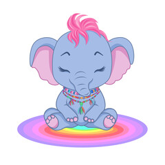 Pastel Pink Mohawk Elephant in Yoga Meditation on Rainbow Gradient Mat for Wellness Art, Vector Design
