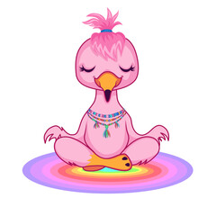 Pastel Pink Mohawk Flamingo in Yoga Meditation on Rainbow Gradient Mat for Tropical Art, Vector Design