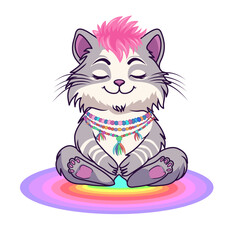 Pastel Pink Mohawk Manul in Yoga Meditation on Rainbow Gradient Mat for Mindfulness Art, Vector Design