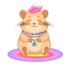 Kawaii Hamster with Pastel Pink Mohawk in Yoga Pose on Rainbow Gradient Mat for Kids Art, Vector Design