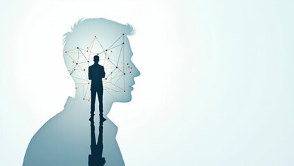 3d Flat icon as Silhouette of a person and a network diagram symbolizing system design in double exposure with copy space. concept as A silhouette of a person merged with a network diagram representin