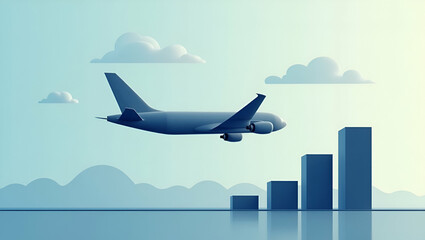 3d Flat icon as Silhouette of a cargo plane and a profitability graph symbolizing air logistics profitability in double exposure with copy space. concept as A silhouette of a cargo plane intertwined w
