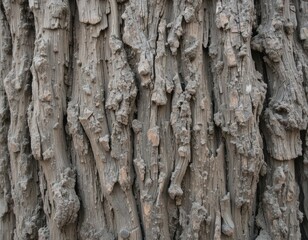 Obraz premium The background is a close-up of an old tree with deep cracks and furrows. In the center, a tree knot with concentric circles is visible, surrounded by a rough bark texture.