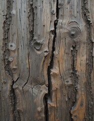 Fototapeta premium The background is a close-up of an old tree with deep cracks and furrows. In the center, a tree knot with concentric circles is visible, surrounded by a rough bark texture.