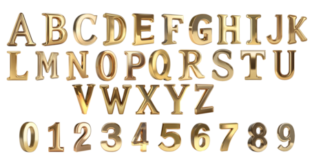 Golden font letters set. Golden letters set. Golden letters isolated on a transparent background.