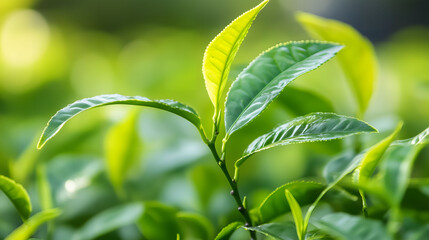Obraz premium Tea Leaves Close-Up in Natural Light, Fresh Green Tea Plant in Sunlight