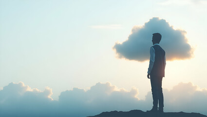 3D Flat Icon: Silhouette of Person & Data Cloud for Cloud Computing Innovation