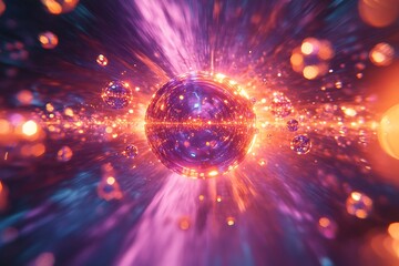 Obraz premium Floating energy orbs funnel with glowing spheres narrowing into a singularity, representing focused power