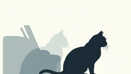 3D Flat Icon: Cat Silhouette & Cash Register for Careful Spending - Financial Prudence Design