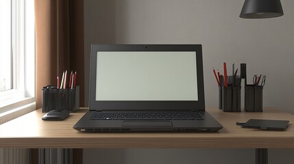 Fototapeta premium Modern Home Office Workspace with Laptop, Notebook, and Essential Accessories