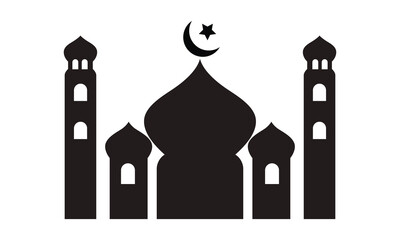 Islamic Mosque icon vector art set. Muslim cityscape black  silhouette background vector illustration. Oriental building landmark Eastern religion.
