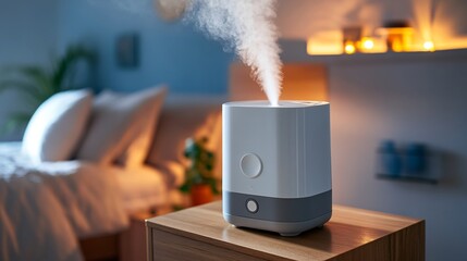 Ultrasonic air humidifier releasing mist in a dimly lit modern bedroom.